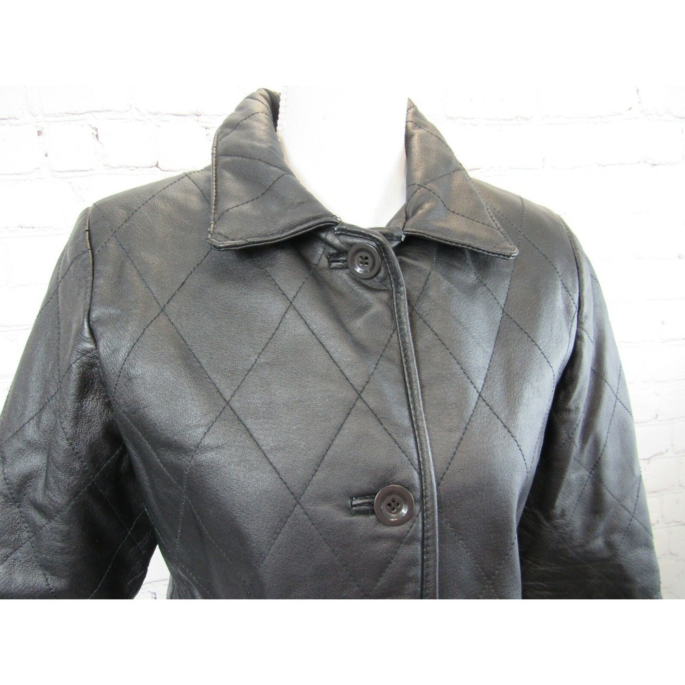 Lauren Ariel Leather Coat Quilted Zip Pockets Black Women's Size S